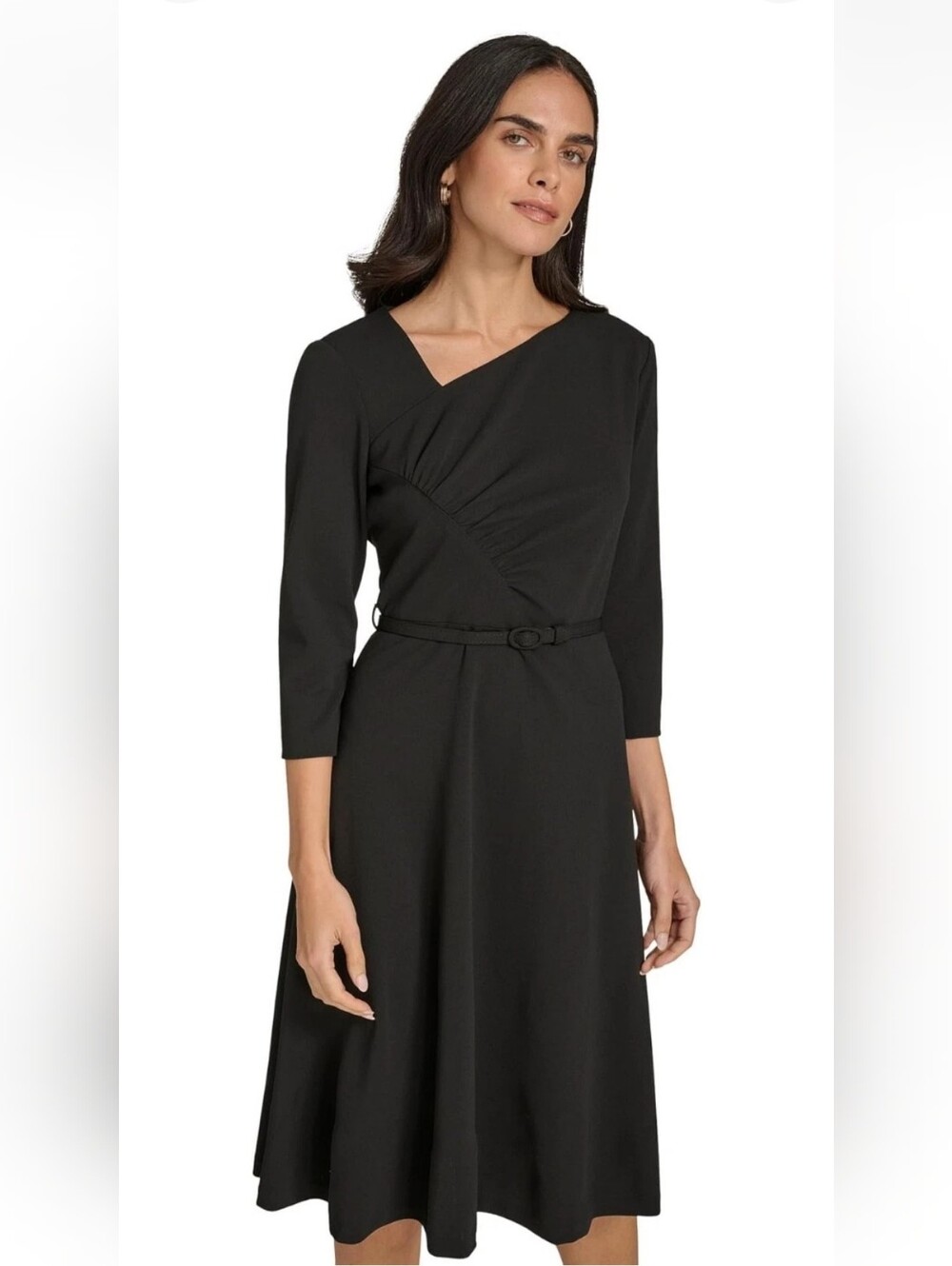NWT Calvin Klein Black Cowl Neck Belted Fit Flare Dress Size 12 Career Midi